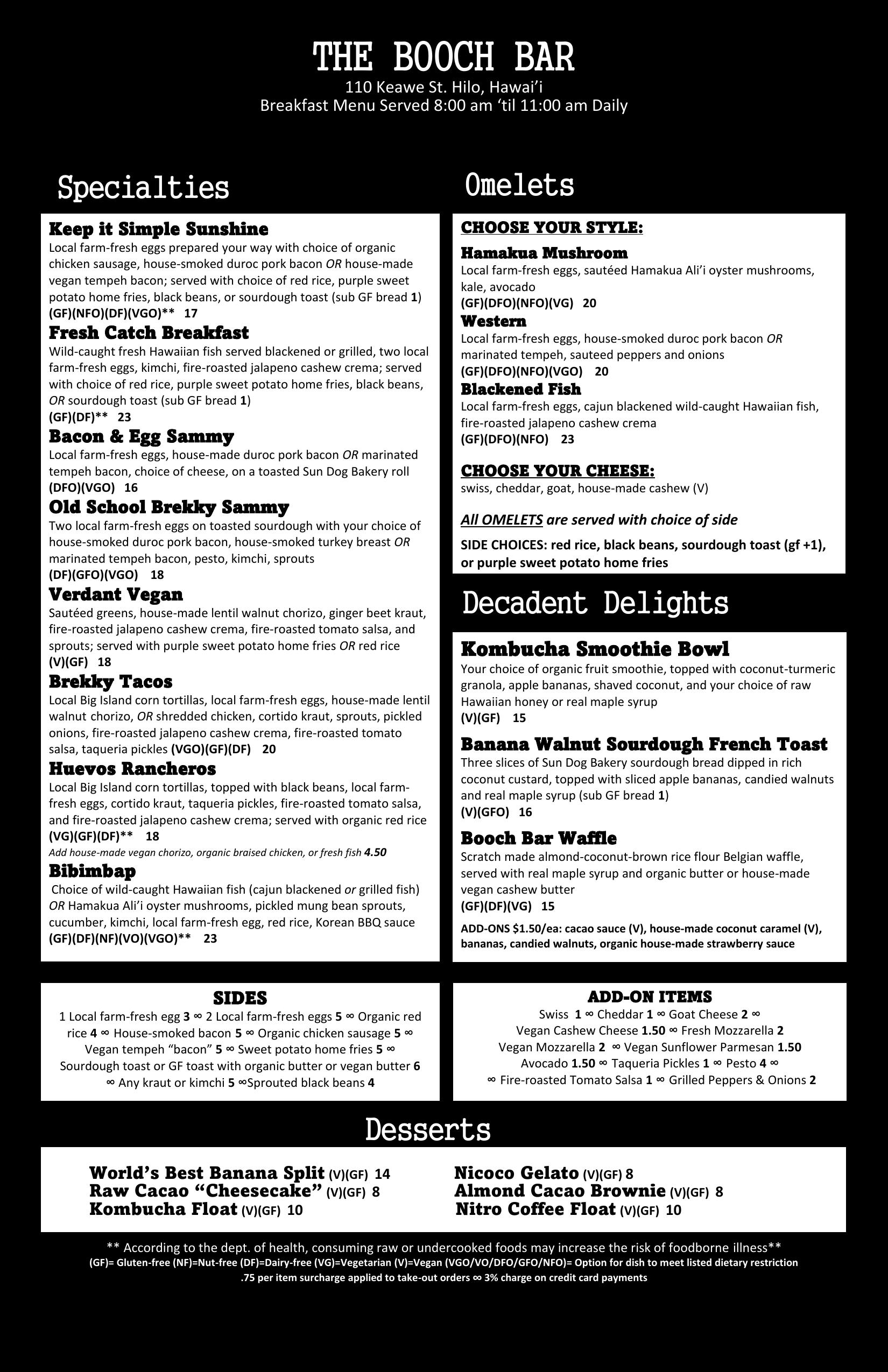 Booch Bar breakfast menu