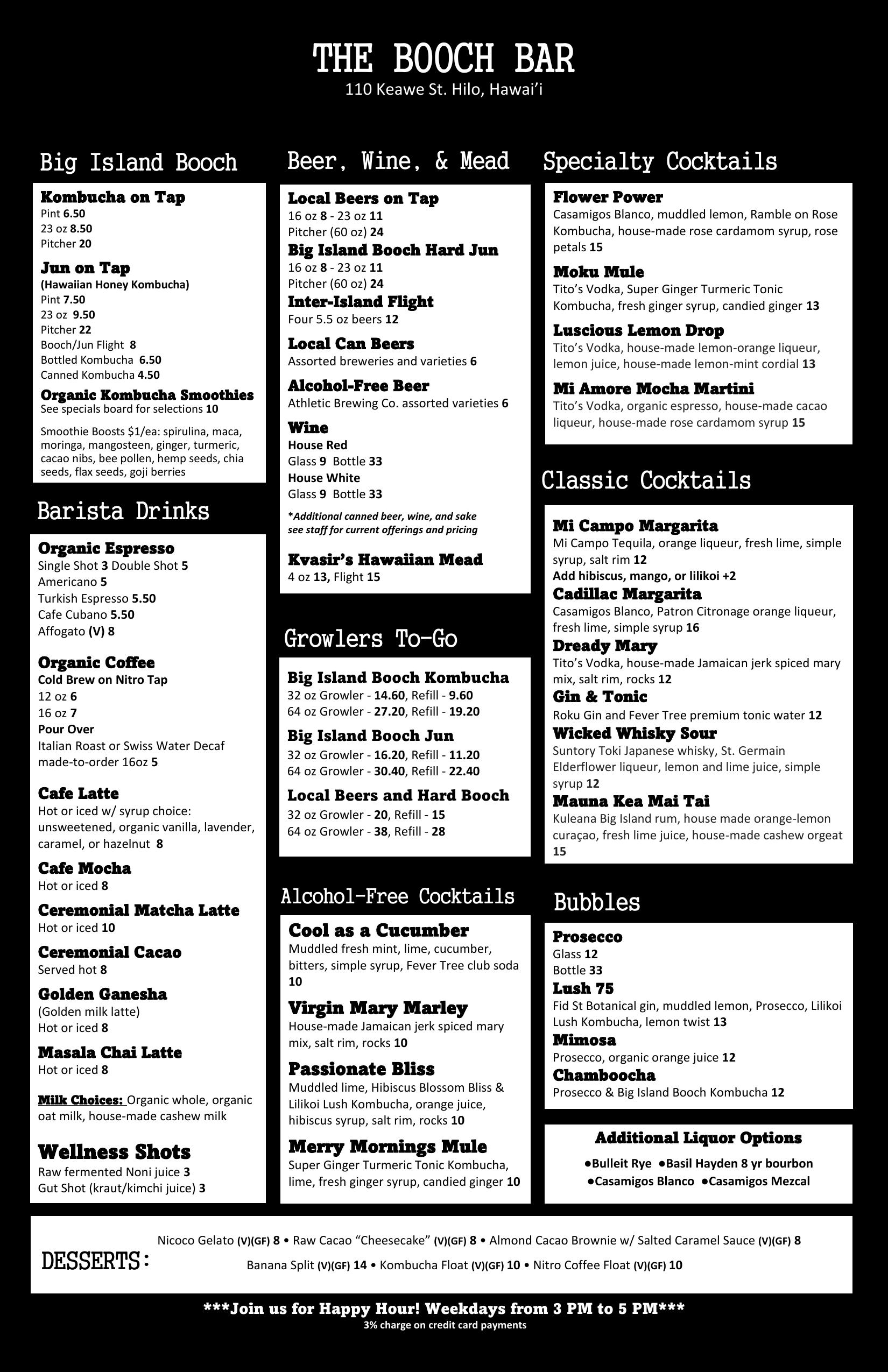 Booch Bar drinks menu